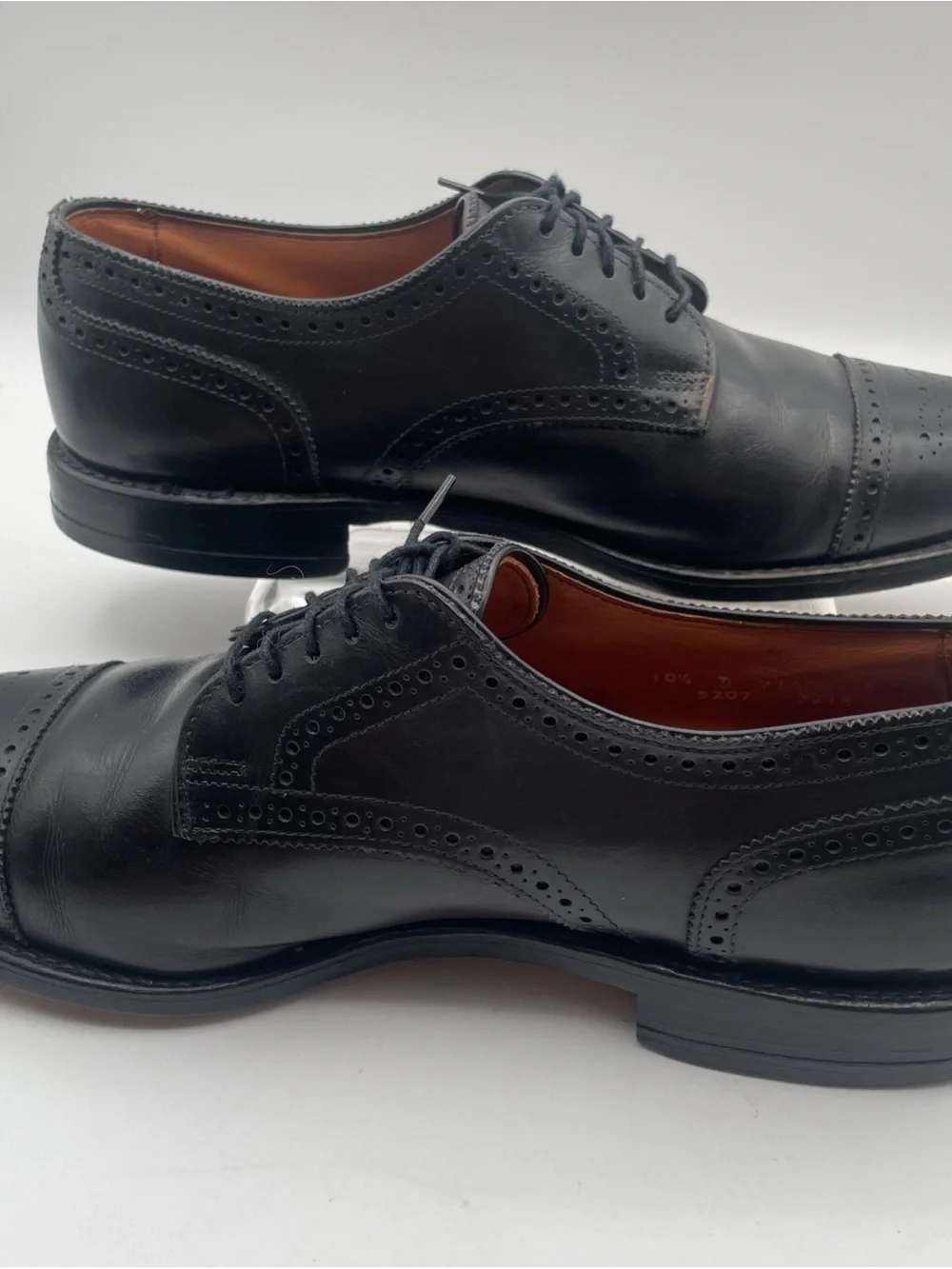 Allen Edmonds Black Leather Cap-Toe Derby Shoes with Broguing